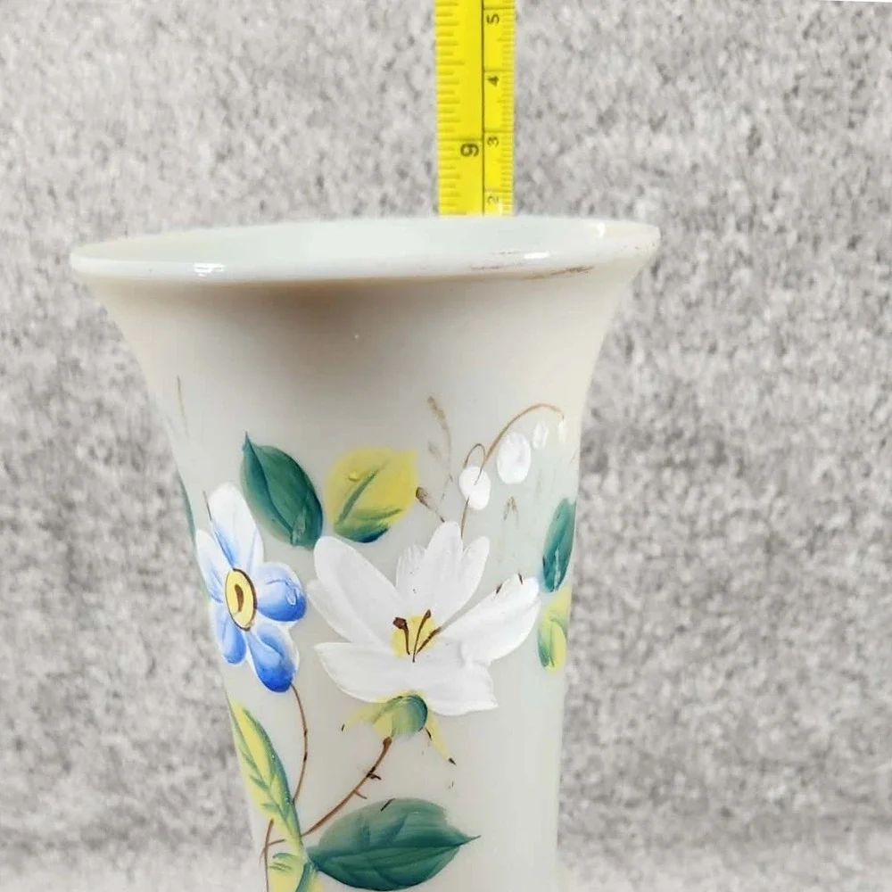 Vase White Floral Hand Painted Glass - Mid Century‎ Modern